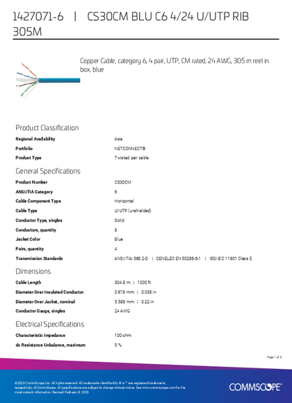 Cable UTP Commscope CAT6 305M Azul 1427071‑6 - PDF