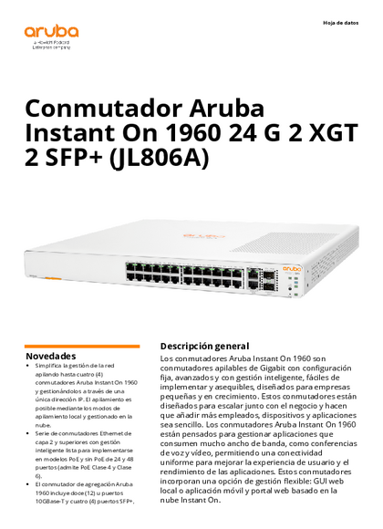 Switch Aruba HPE 1960 24G 2 SFP+ 2 10XGT JL806A - PDF