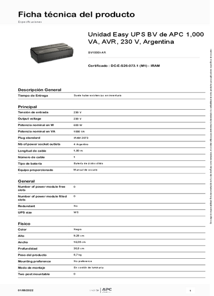 UPS APC Easy-UPS BV1000I-AR 1000VA - Ficha técnica