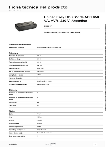 UPS APC Easy-UPS BV650I-AR 650VA - Ficha técnica