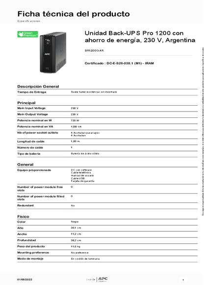 UPS APC Back-UPS Pro BR1200G-AR 1200VA - Ficha técnica