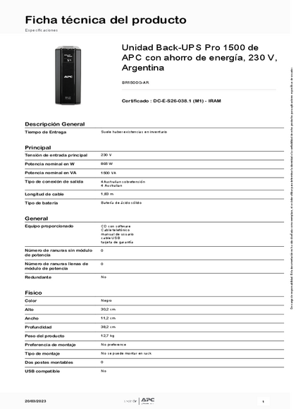 UPS APC Back-UPS Pro BR1500G-AR 1500VA - PDF