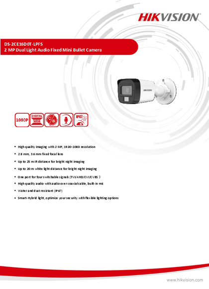 Cámara Analógica Hikvision Bullet 2MP DS-2CE16D0T-LPFS - PDF