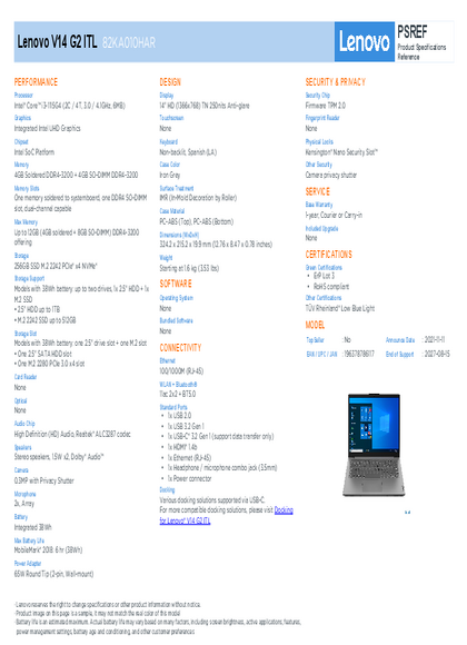 Notebook Lenovo V14 I3-1115G4 8GB SSD256 14'' 82KA010HAR - PDF