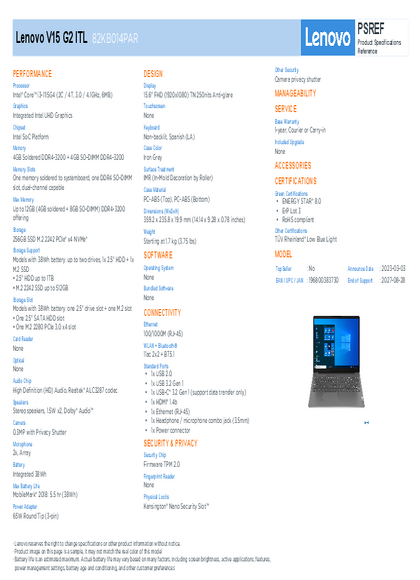 Notebook Lenovo V15 I3-1115G4 8GB SSD256 15,6" 82KB014PAR - PDF