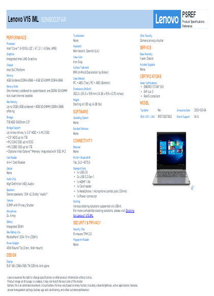 Notebook Lenovo V15 I3-10110U 8GB HDD1tb 15.6" 82NB002FAR - PDF