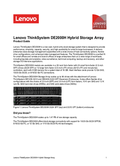 Storage Lenovo DE2000H 2U12 Hybrid Flash Array G2 7Y70CTO2WW - PDF