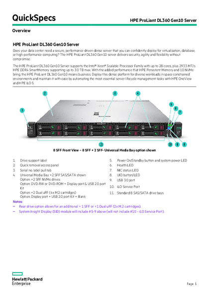 Servidor HPE DL360 Gen 10 4210R 32GB 800W - PDF