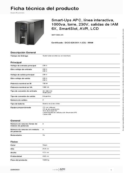 UPS APC Smart-UPS SMT1000i-AR 1000VA - PDF