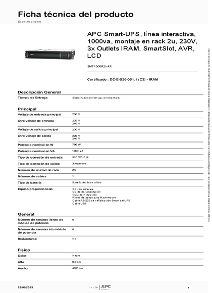 UPS APC Smart‑UPS SMT1000R2I‑AR 1000VA - PDF