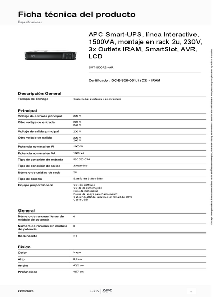 UPS APC Smart‑UPS SMT1500R2I‑AR 1500VA - PDF
