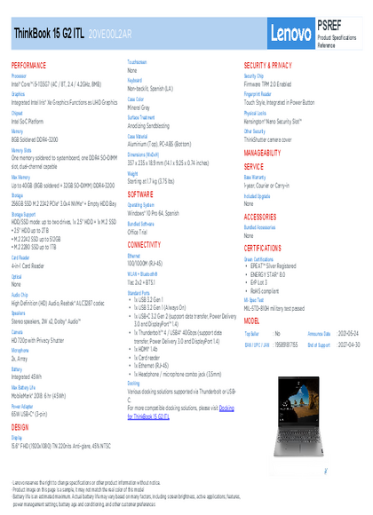 Notebook Lenovo ThinkBook 15 G2 ITL I5-1135G7 8GB SSD256 15,6" 20VE00L2AR - PDF