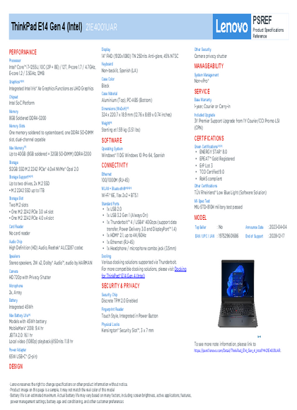 Notebook Lenovo E14 G4 I7‑1255U 8GB SSD512 14" 21E4001UAR - PDF